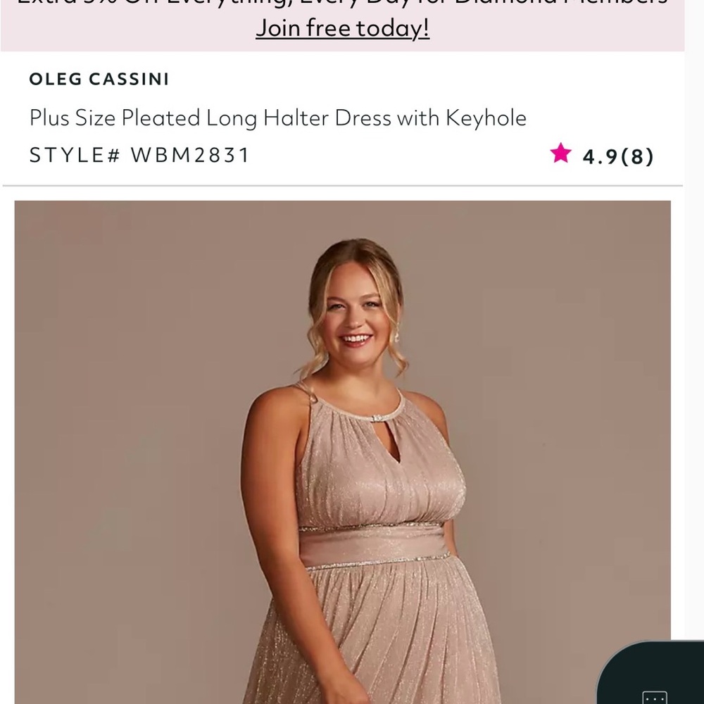 Oleg Cassini Shimmery Blush Pleated Halter Gown from David’s Bridal